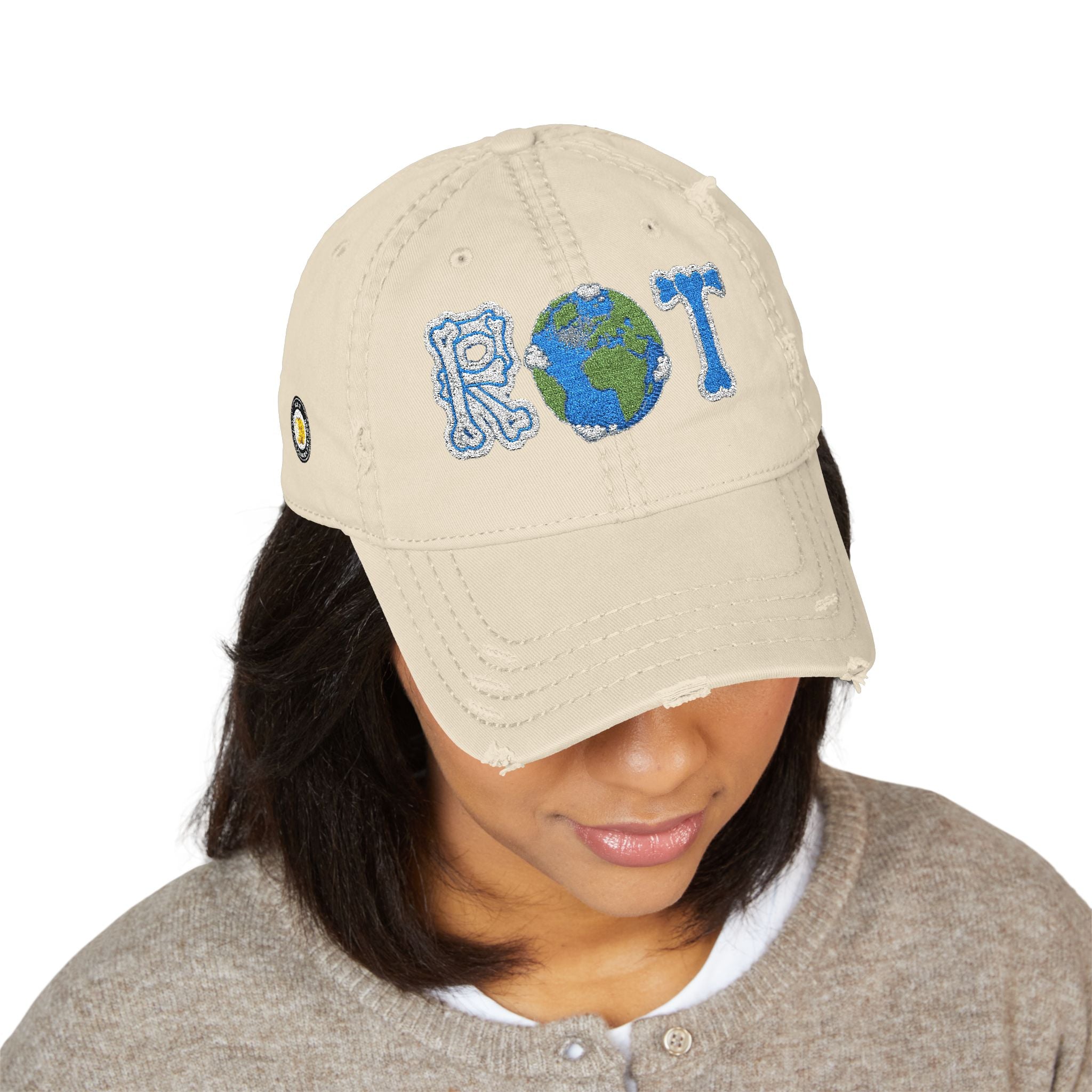 Embroidered 'ROT' Earth Distressed Dad Hat