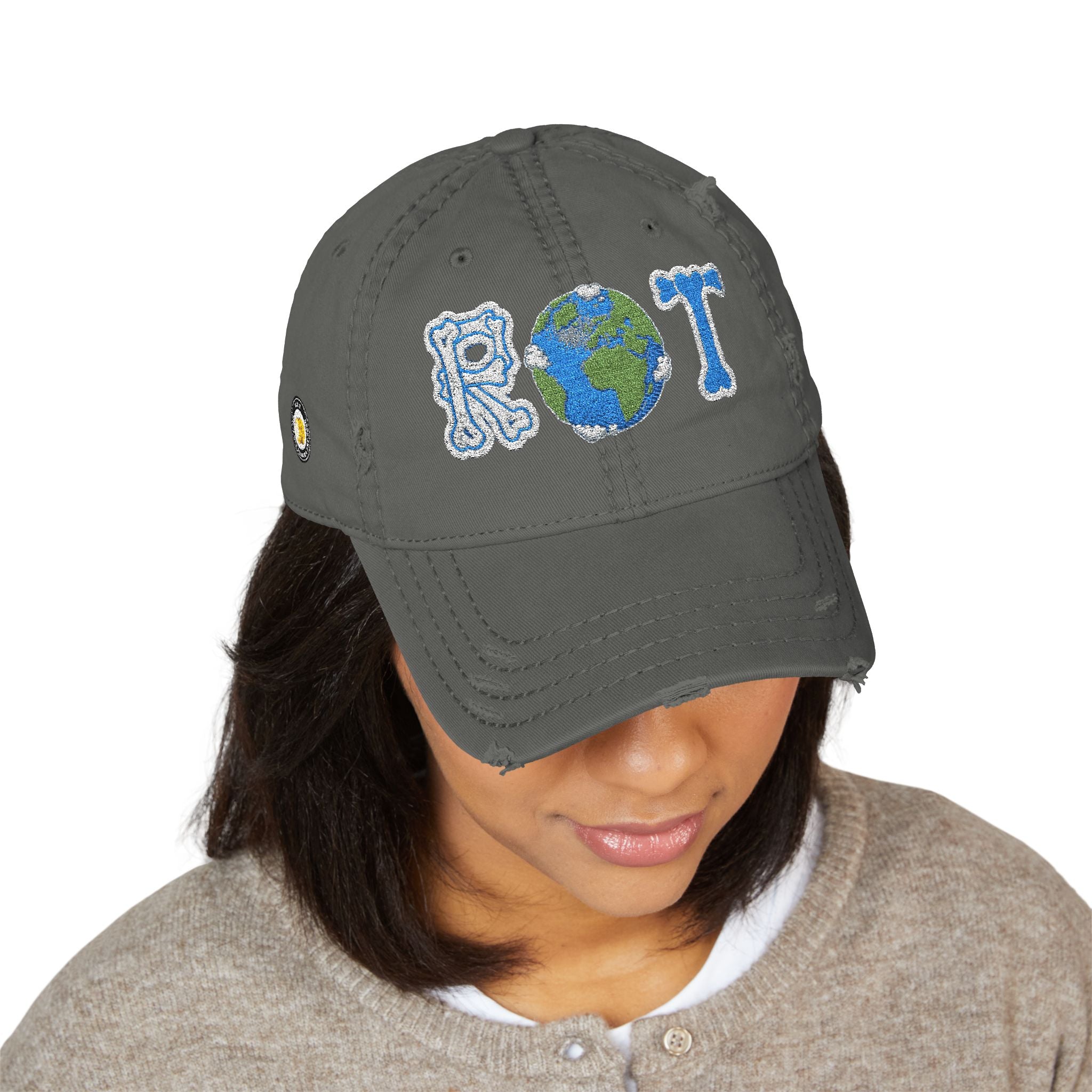 Embroidered 'ROT' Earth Distressed Dad Hat