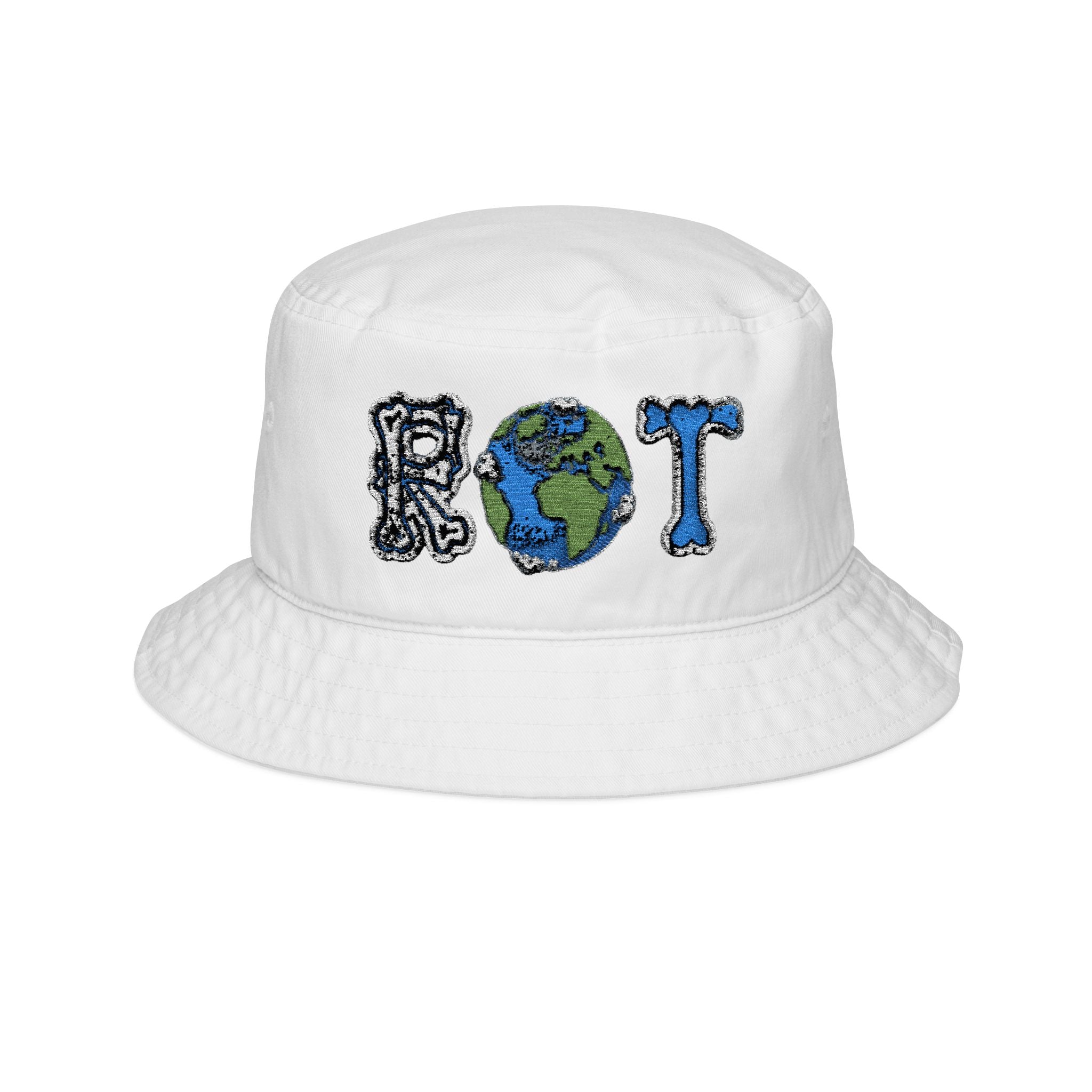 Earth Tote Bucket Hat — Embroidered 'ROT' Floral Globe Design