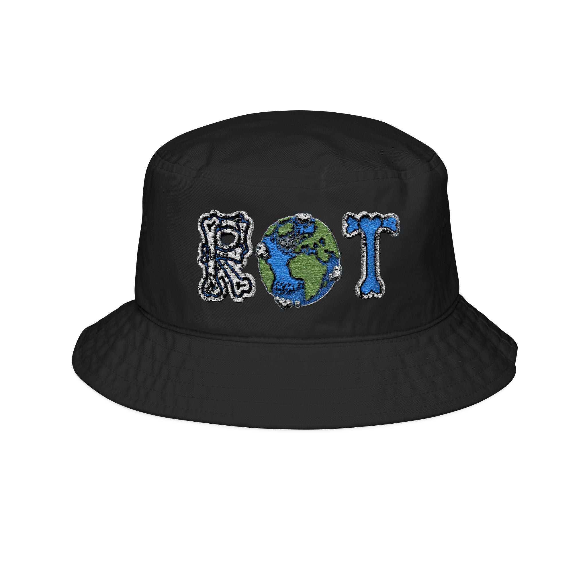 Earth Tote Bucket Hat — Embroidered 'ROT' Floral Globe Design