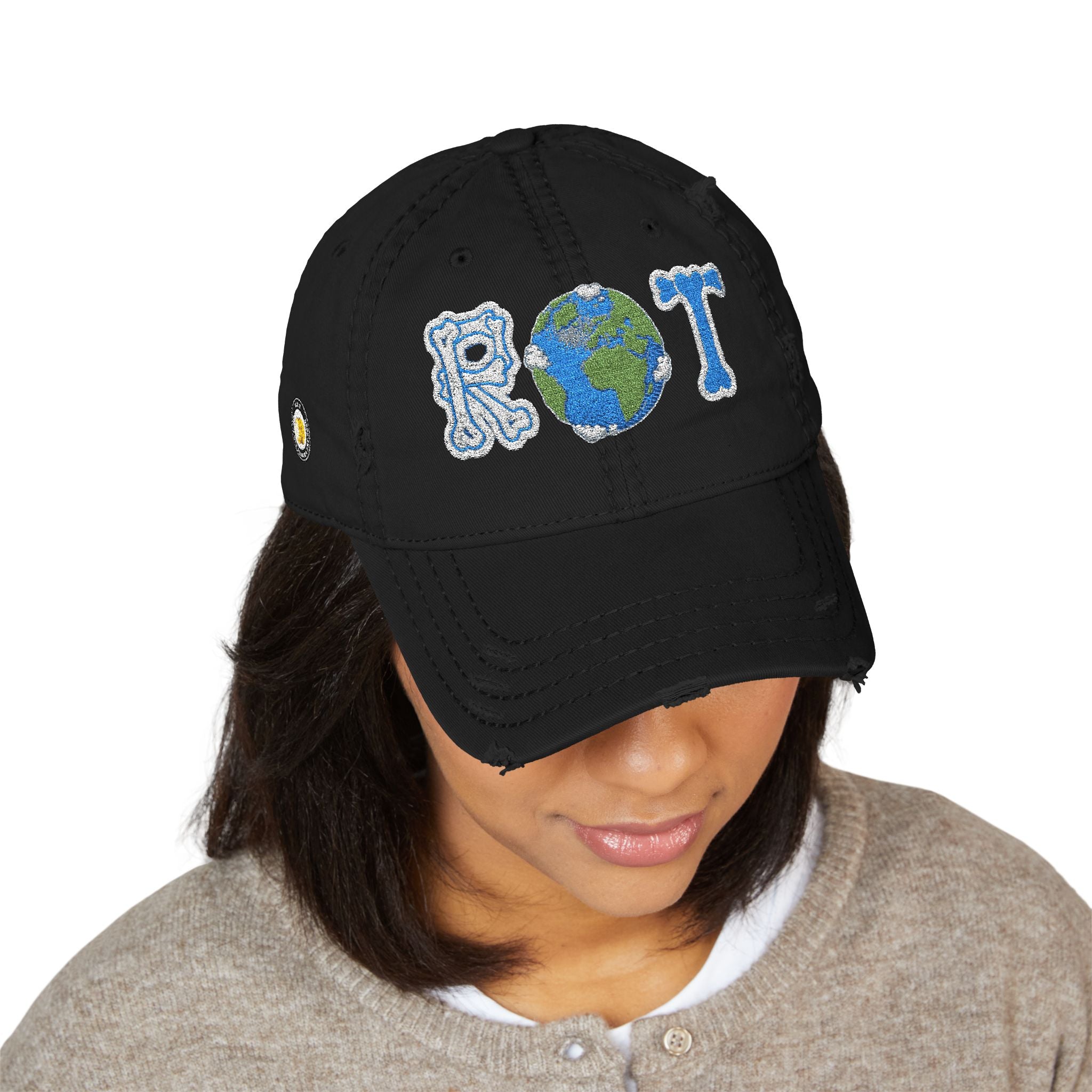 Embroidered 'ROT' Earth Distressed Dad Hat